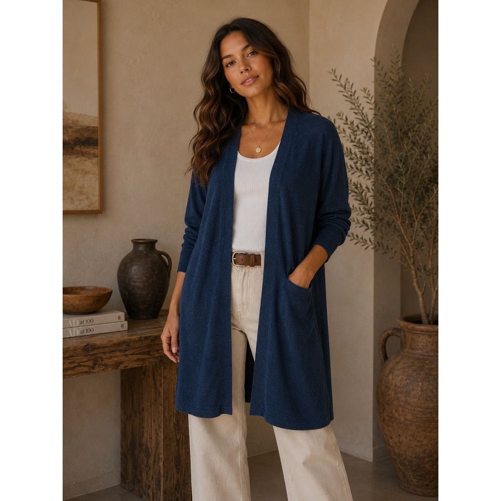 Pure Jill Cardigan Womens Small Blue Linen Blend Coastal Minimalist